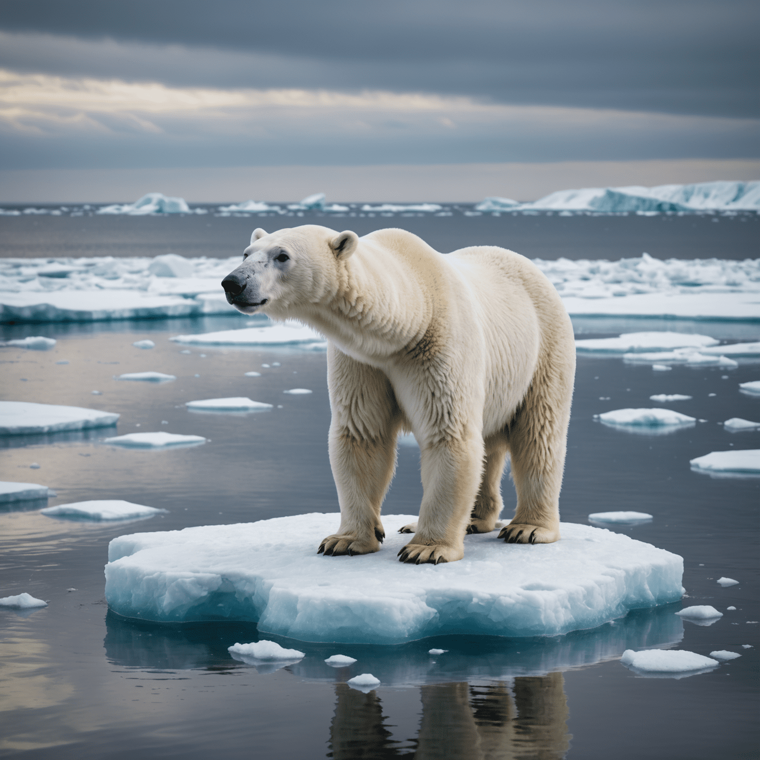 A polar bear standing on a small ice floe surrounded by melting sea ice, symbolizing the impact of climate change on Arctic wildlife