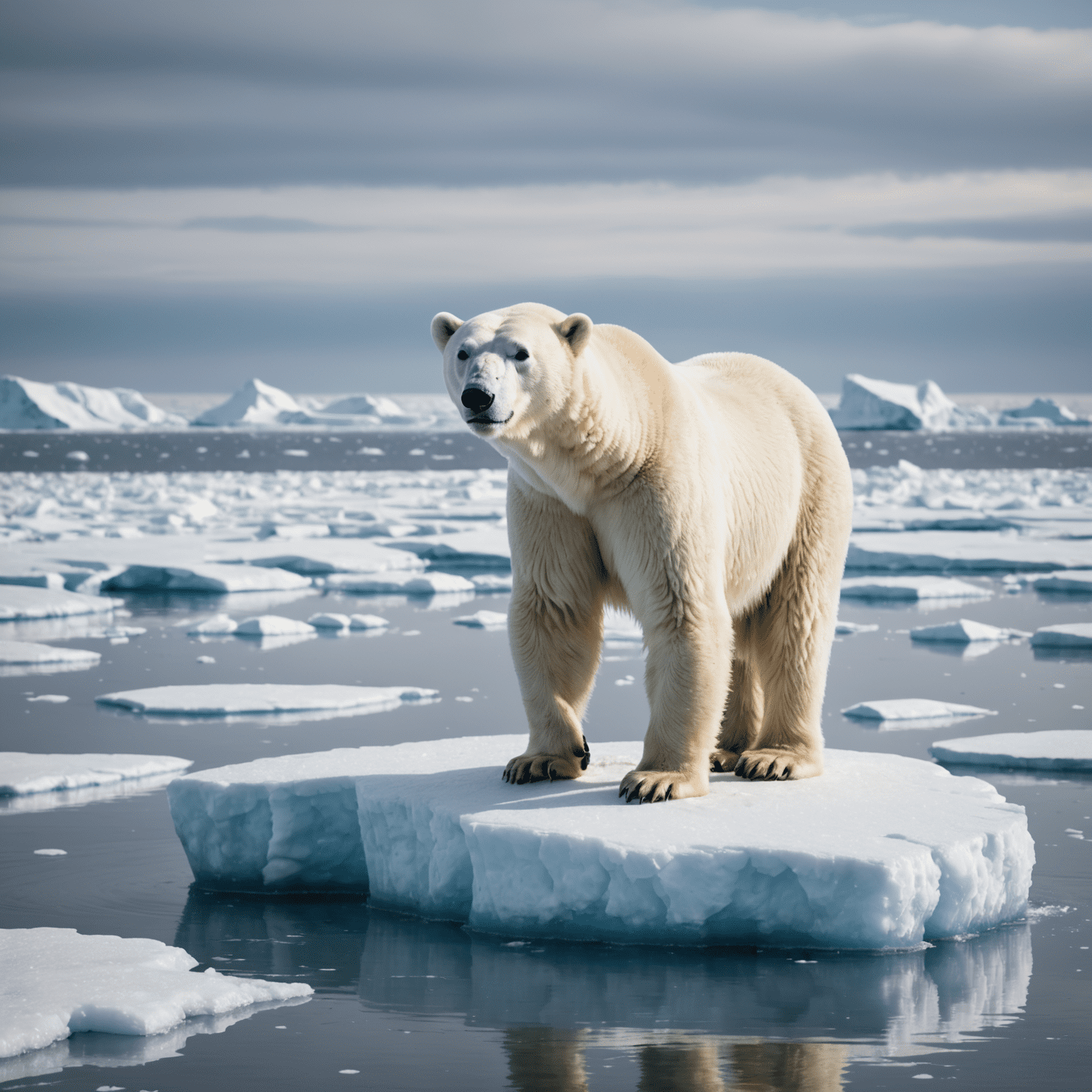 A polar bear standing on a small ice floe surrounded by melting Arctic sea ice, symbolizing the impact of climate change on wildlife habitats