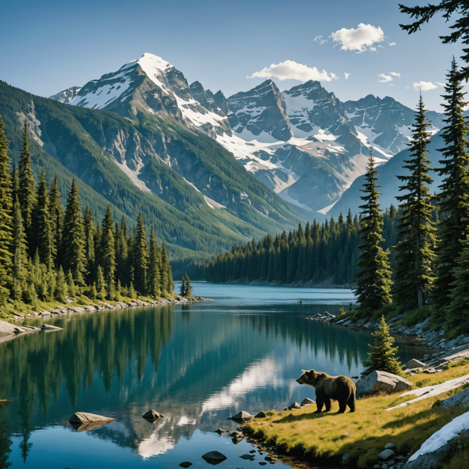 A panoramic view of a diverse British Columbia ecosystem, showing lush forests, snow-capped mountains, and a pristine lake. Various wildlife species are visible, including a grizzly bear, an orca breaching in the distance, and a bald eagle soaring overhead.