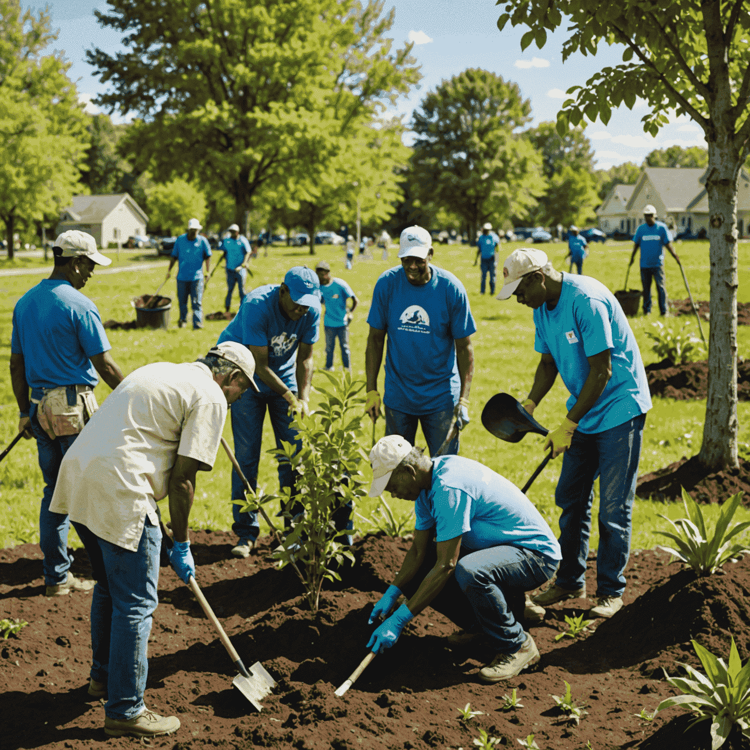 A diverse group of community members participating in a local conservation project, planting trees and cleaning up a natural area. The image shows people of all ages working together, symbolizing unity in environmental efforts.