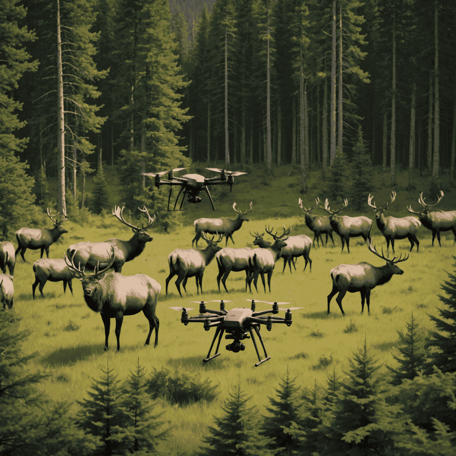 A high-tech drone monitoring a herd of elk in a lush forest, showcasing innovative conservation techniques