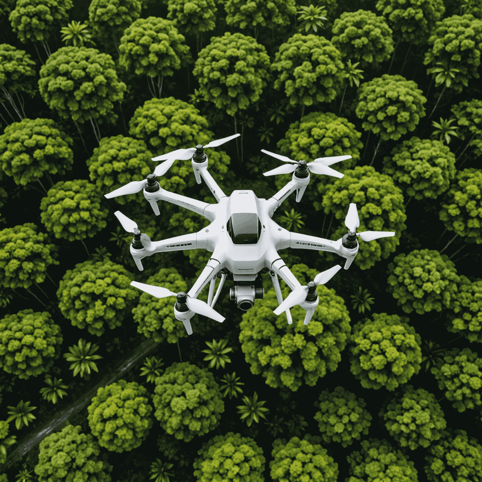 A high-tech drone monitoring a lush forest canopy, representing innovative conservation techniques used by WildShield