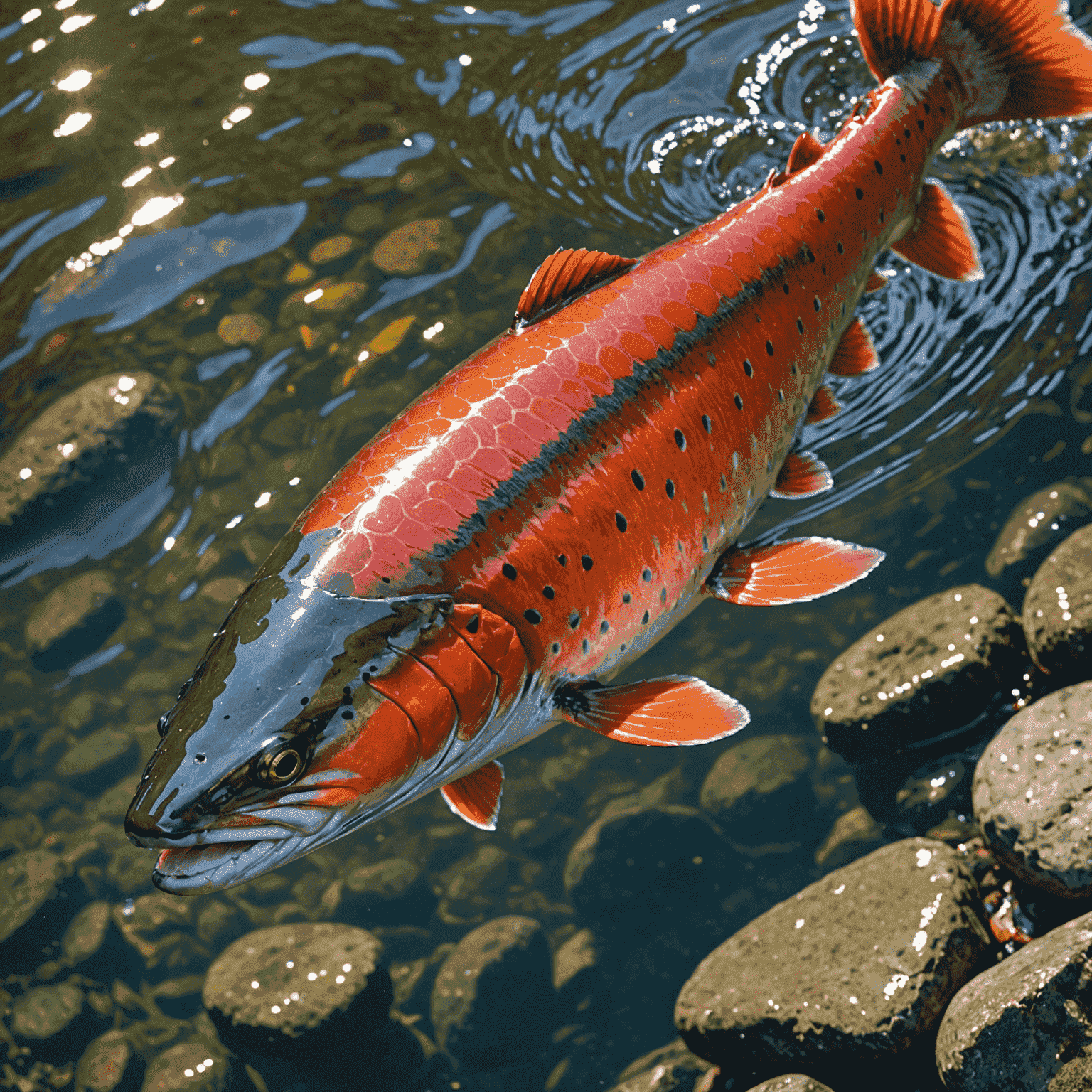 A close-up of a salmon swimming upstream in a clear, rocky river. The salmon's scales glisten in the sunlight, highlighting its vibrant red coloration.
