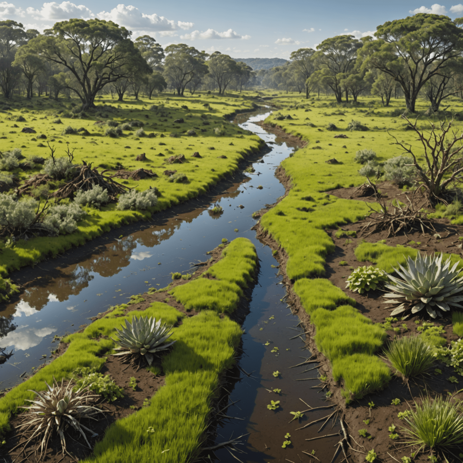 A split image showing a degraded ecosystem on one side and a restored, thriving ecosystem on the other, illustrating the impact of climate-resilient strategies