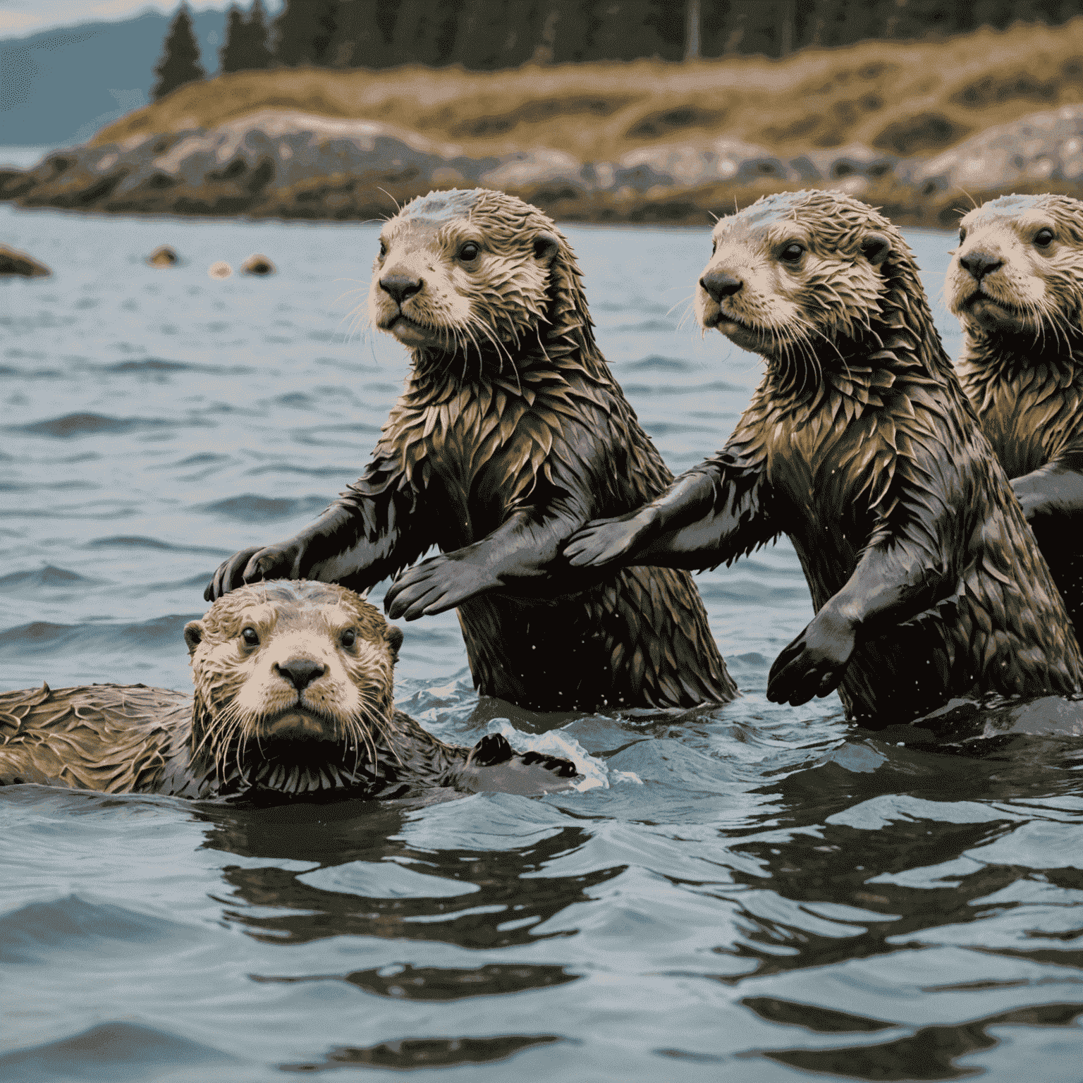 A group of conservationists releasing rehabilitated sea otters back into the ocean near Vancouver, celebrating a successful wildlife preservation effort