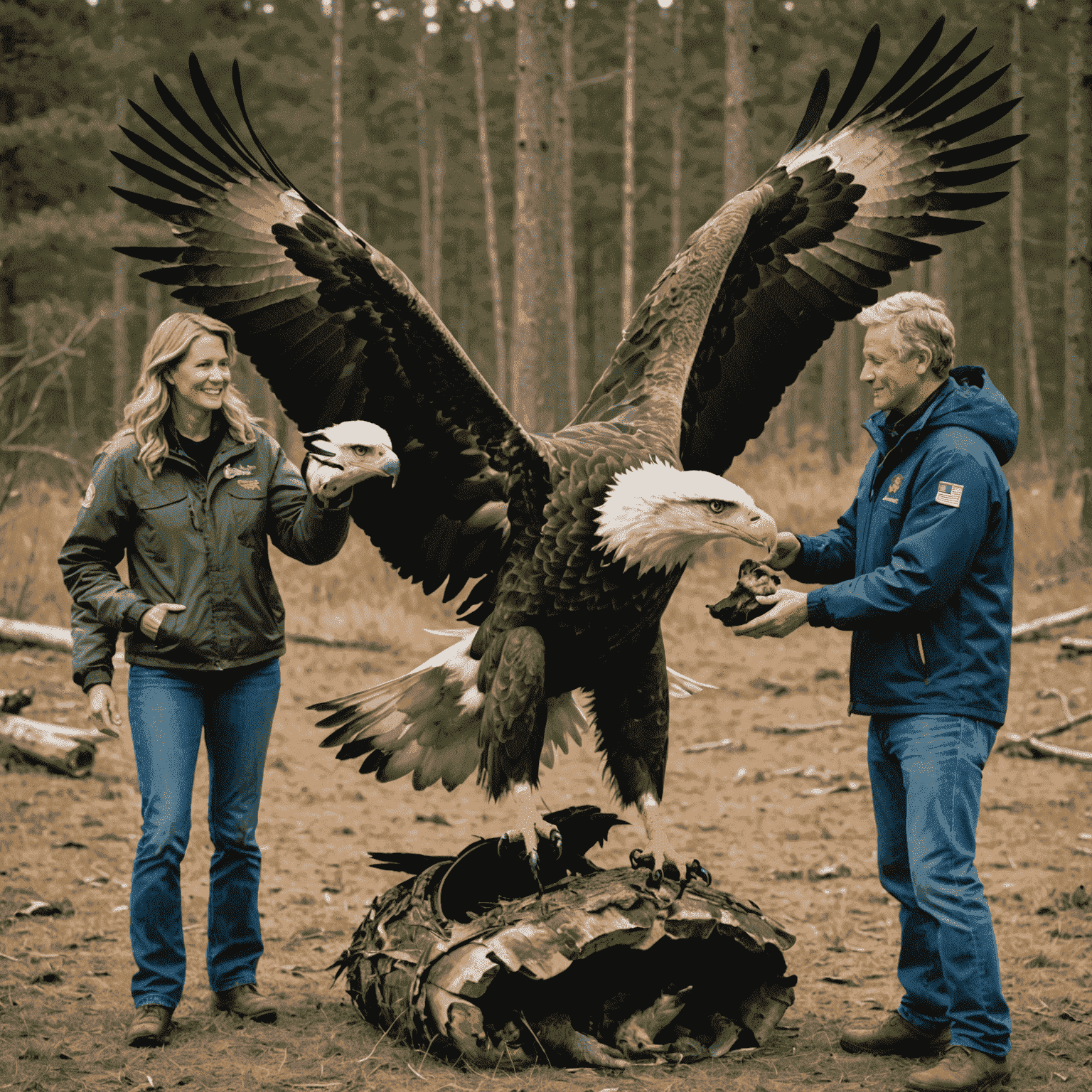 A group of conservationists releasing a rehabilitated eagle back into the wild, showcasing local wildlife preservation success