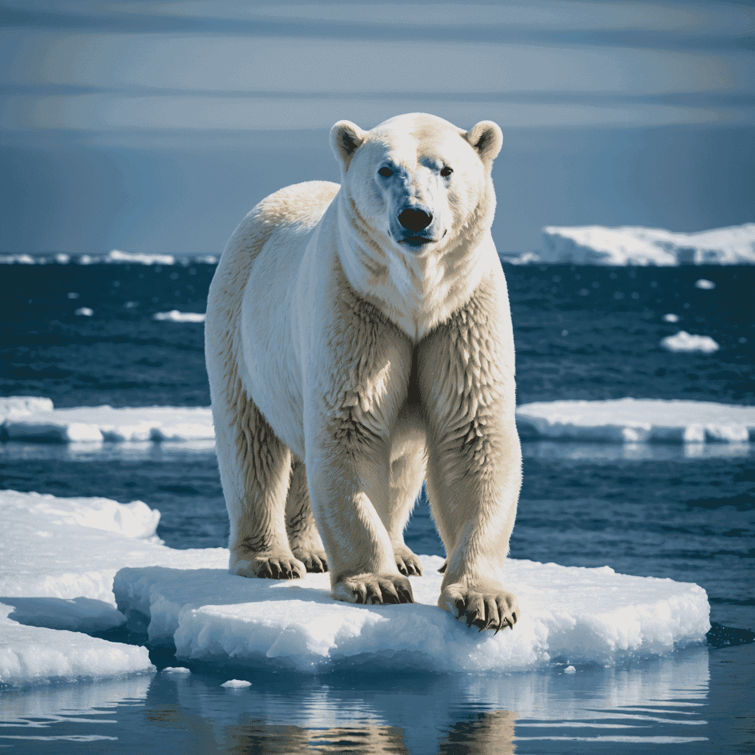 A majestic polar bear standing on a small ice floe surrounded by open water. The bear's white fur contrasts sharply with the deep blue of the ocean.