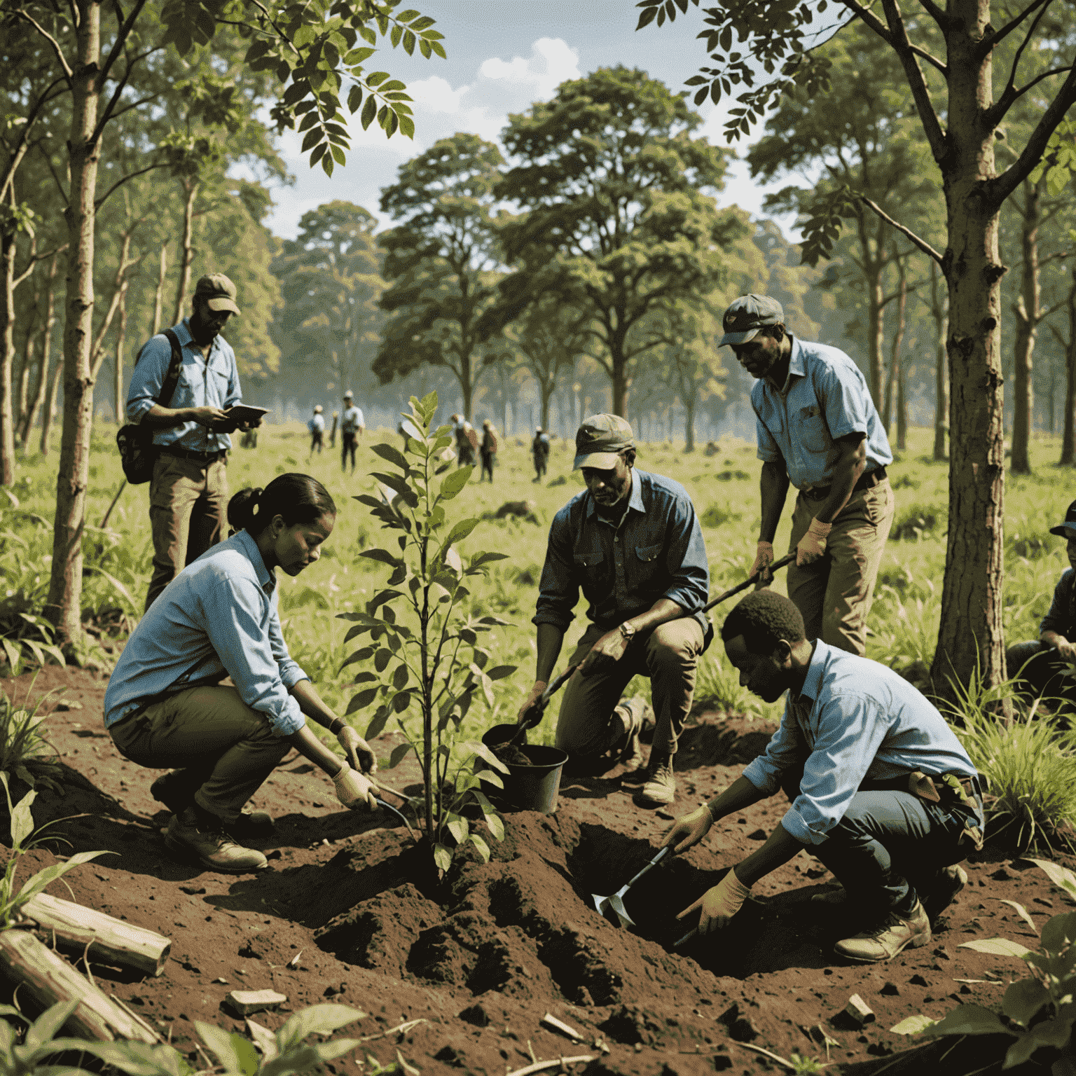 A group of diverse people working together in a natural setting, planting trees and monitoring wildlife, representing the collaborative effort needed for ecosystem resilience
