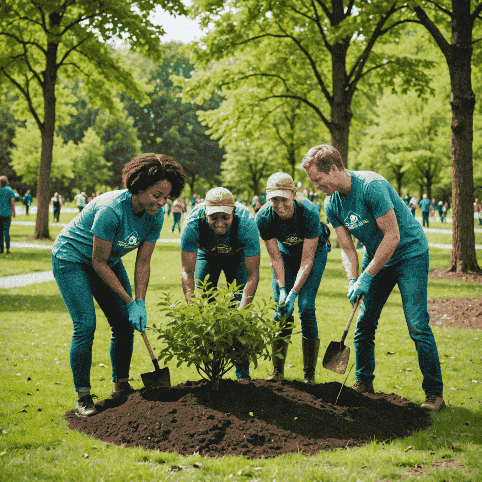 A diverse group of volunteers planting trees in a local park, illustrating community engagement in conservation efforts