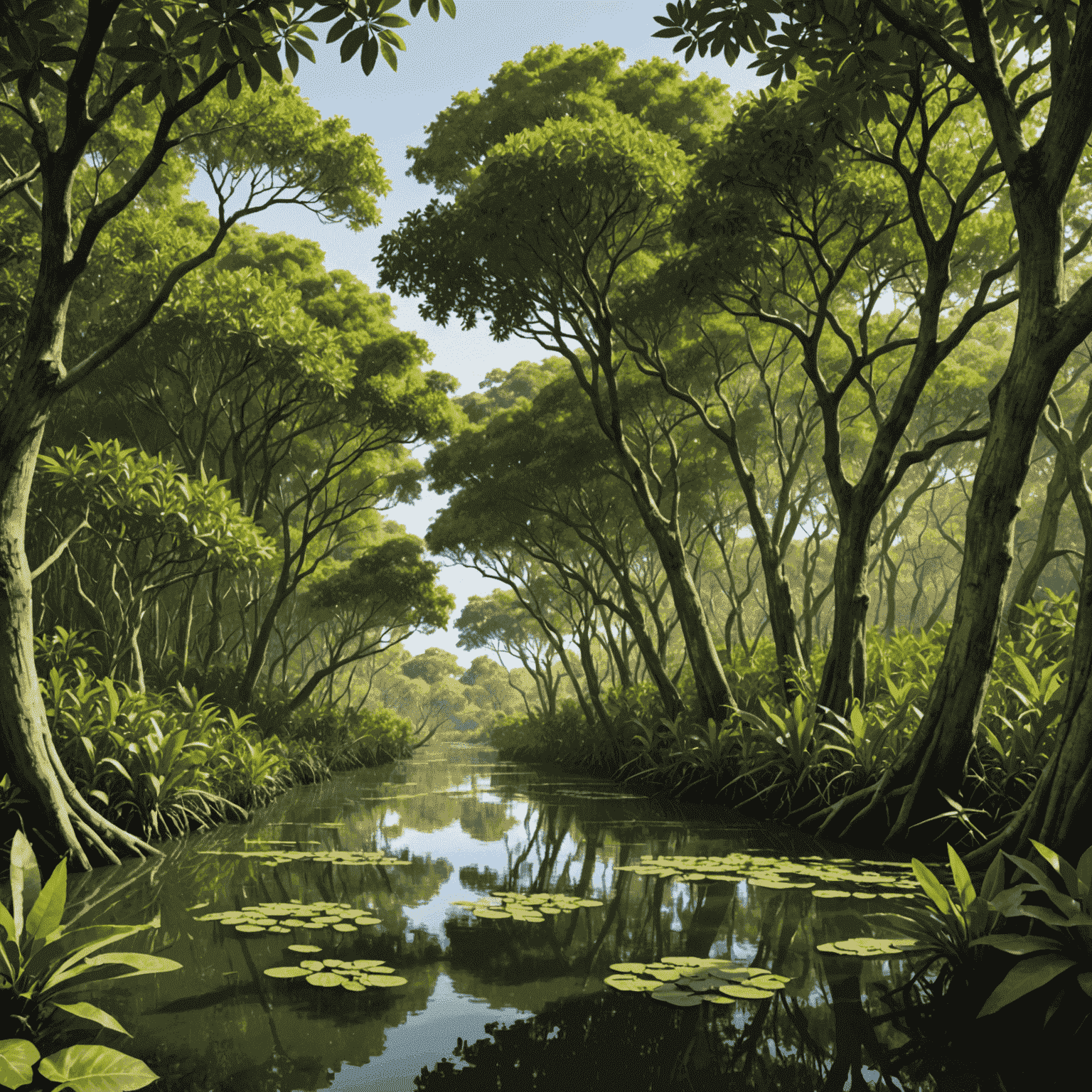 A thriving mangrove forest with diverse wildlife, representing a climate-resilient ecosystem